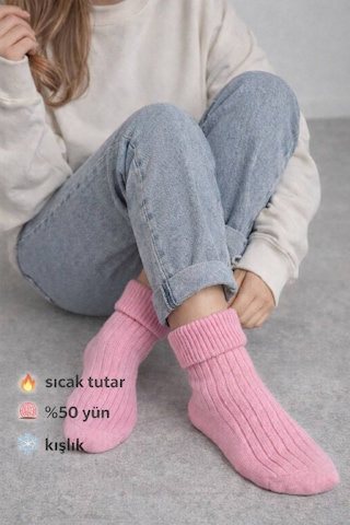 Perili Yün Bot Çorabı Pembe Pembe