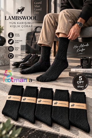 Footmania Erkek Siyah Kışlık Lambswool Çorap 5 Çift
