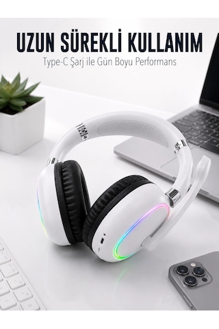 Beyaz Bluetooth 5.0 Mikrofonlu Kablosuz Kulak Üstü Kulaklık Rgb Işıklı Type-c Şarjlı