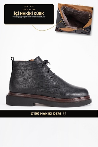 Fame Step Hakiki Deri Erkek Bot Bağcıklı Fermuarlı İçi Kürklü Kışlık Soğuğa Dayanıklı Casual Siyah