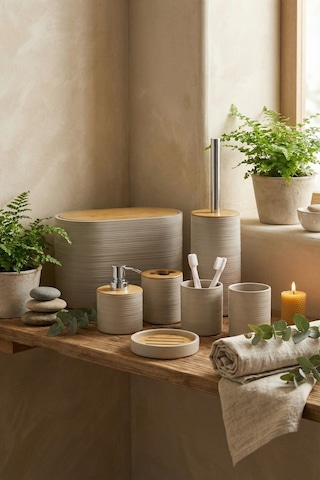 Makri Home 6 Parça Toprak Banyo Seti, Bambu Detaylı, 8l Çöp Kovası 24x26x16 Cm Kahverengi