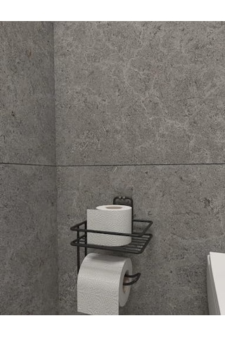 Alper Banyo Yapışkanlı Siyah Raflı Tuvalet Kağıtlığı, Delmeden Montaj Duvar Tipi Tuvalet Kağıdı Tutucu, Banyo Ve Wc Organizer 16.5 x 12.2 x 11.2 CM