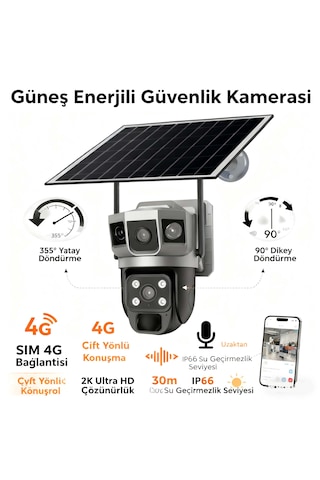 4g Solar Panelli Güvenlik Kamerası, Güneş Enerjili , 6mp Çift Lens, Sim Kartlı, Ptz, Su Geç