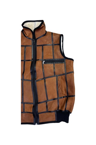 Içi Kürk-Dışı Süet Gerçek Deri Yakalı Ve Trikolu Yelek Tarçın