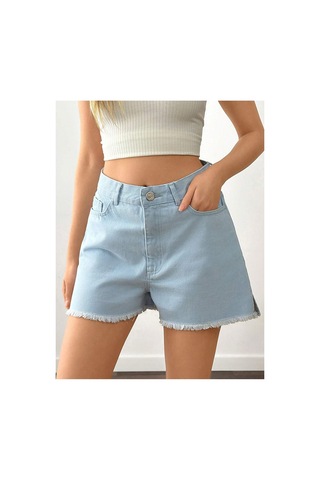 Kene Jeans Paça Püskül Yan Yırtmaç Arka Cep Nakışlı Buz Mavi Kot Şort Mavi