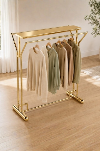 Elbise Askı Stand Gold Renk Kaplama Çift Yönlü Butik Orta Standı Ve Askısı Altın