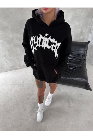 İkales Unisex Üç İplik Kapşonlu Baskılı Sweatshirt - Siyah