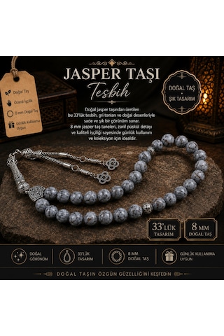 Gri Jasper Taşı Doğal Taş Tesbih 8 Mm - Gümüş Kaplama Sistemli Püsküllü Tesbih