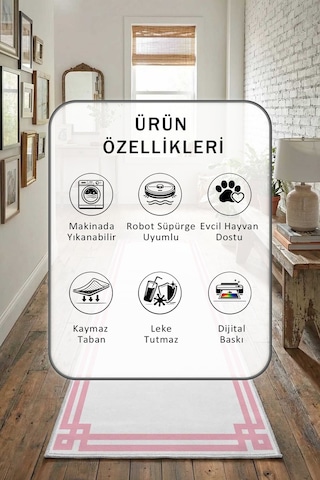 Klasik Beyaz Pembe Yıkanabilir Yolluk