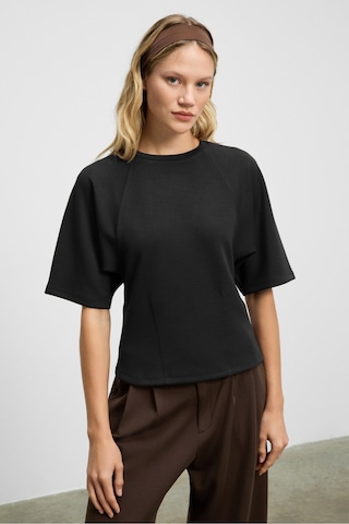 Grımelange Jolıeza Kadın Bisiklet Yaka Pens Detaylı Kısa Reglan Kollu Relaxed Fit Siyah Bluz Siyah
