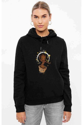 Groot Music Dans Baskılı Siyah Kadın Kapşonlu Sweashirt (528753004)