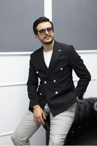Avni Ceylan Verde Dokulu Gofre Kumaş İtalyan Stil Slim Fit Kruvaze Erkek Ceket Siyah
