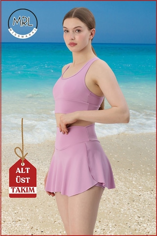 Kadın Alt-üst Takım Şort & Sabit Pedli Üst Crop Denizde Havuzda Sporda Swimsuit Lila Rengi Takım3107 Lila