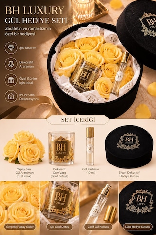 Bh Luxury Sarı Yapay Gül Ve Gül Parfümü Hediye Seti Siyah Dekoratif Kutulu