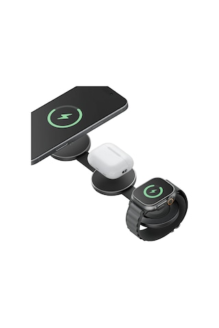 Energea Alumag Trio 3in1 Katlanabilir Qi2 Destekli 15w Telefon Saat Apple Uyumlu AirPods Masaüstü Hızlı Şarj Standı - Siyah