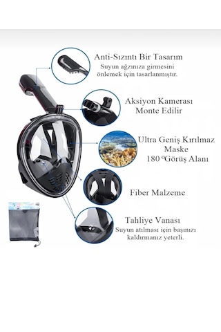 Shufa S/m Beden Siyah Dalış Maskesi Tam Yüz Full Face Şnorkel Ant