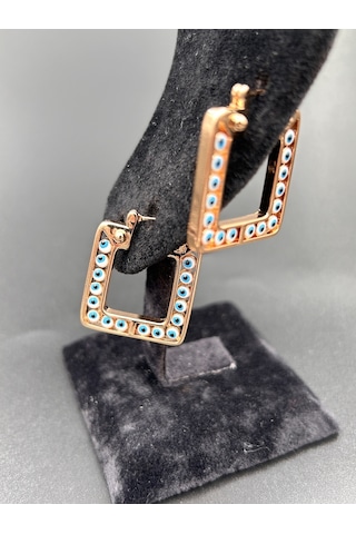 Çelik Suya Dayanaklı Kadın Kare 3cm Mavi Nazar Boncuklu Rose Gold Küpe Rose Gold