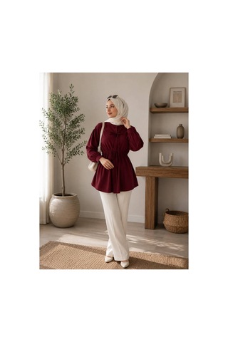 Öners Kadın Büzgü Detaylı Tesetür Gömlek Bordo Bordo