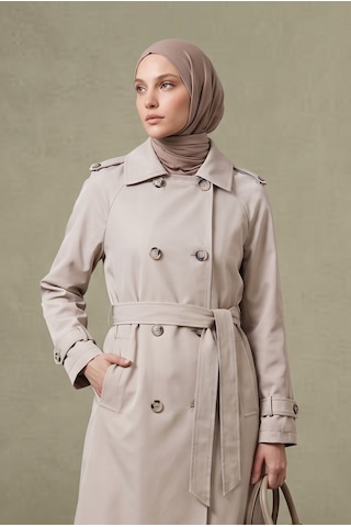 Armine Trend Klasik Yaka Belden Kuşaklı Çift Cepli 101 Cm Boy Trenckot Taş 26kt728