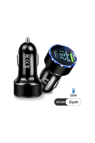 Siyah Araç İçi Usb 3.0 Type C 20w Soketli Çakmaklık Güç Adaptörü Tüm Cihazlar 12v-24v