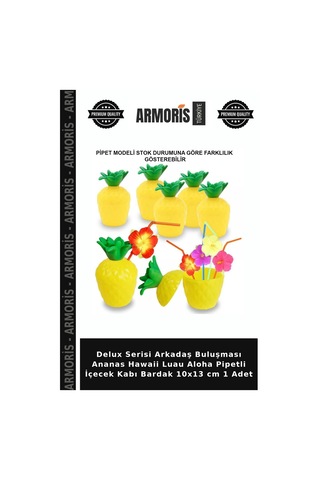 Delux Serisi Arkadaş Buluşması Ananas Hawaii Luau Aloha Pipetli İçecek Kabı Bardak 10x13 Cm 1 Adet Çok Renkli