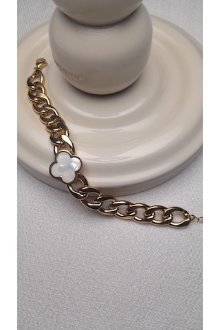 Uzel Çelik Gold Altın Renk Beyaz Sedef Yoncalı Kalın Halka Detaylı Çelik Bileklik Gold