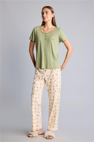 Defacto %100 Pamuk Regular Fit Kısa Kollu İşlemeli Üst Çiçekli Geniş Paça Alt 2li Pijama Takım I6408ax26aukh461 Haki-kh461