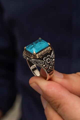 Mavi Paraiba Taşlı Kare 925 Gümüş Erkek Yüzük