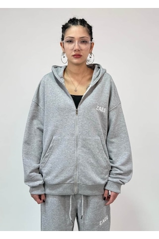 Zaee İnce Kumaş Nakışlı Oversize Premium Zip Hoodie Gri