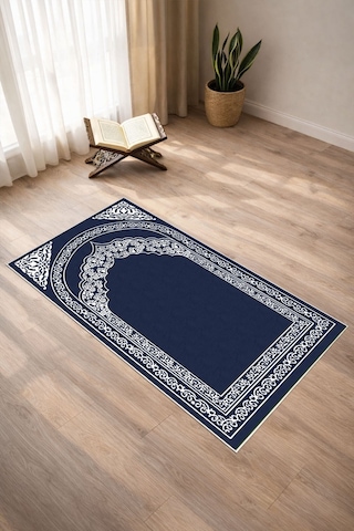 Mihrap Desenli Dijital Baskılı Kaymaz Taban Yıkanabilir Seccade Mavi