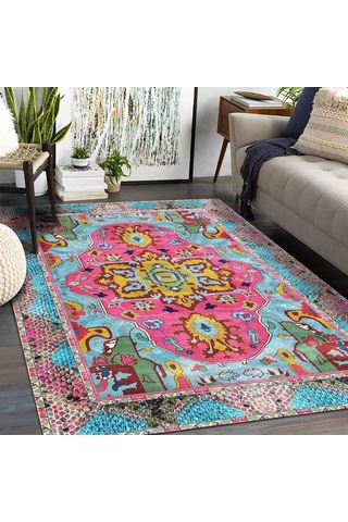 Laray Desenli Kadife Pamuk Tabanlı Yıkanabilen Kaydırmaz Antibakteriyel Salon Halısı 80x150 Çok Renkli
