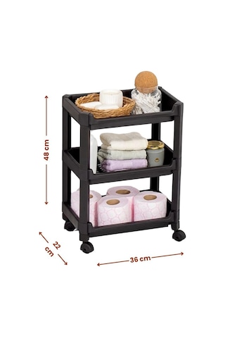 Flosoft 3 Katlı Tekerlekli Düzenleyici Raf, Mutfak Banyo Temizlik Katlı Organizer 22x36x48cm Siyah Siyah