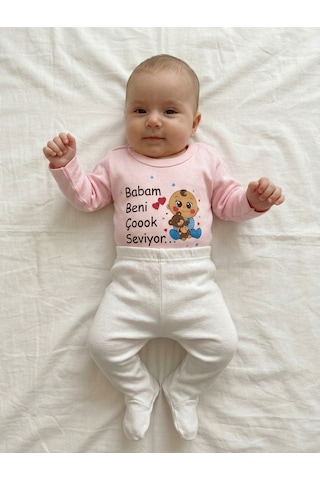 Bambık Babam Beni Çoook Seviyor Yazılı Uzun Kollu Bebek Body Zıbın Pembe