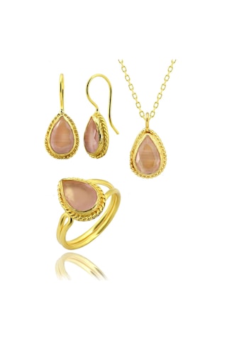 Beyisa Güneş Taşı Serisi Sarma Damla Kesim Renkli Oniks 22 Ayar Altın Kaplama Kadın Set
