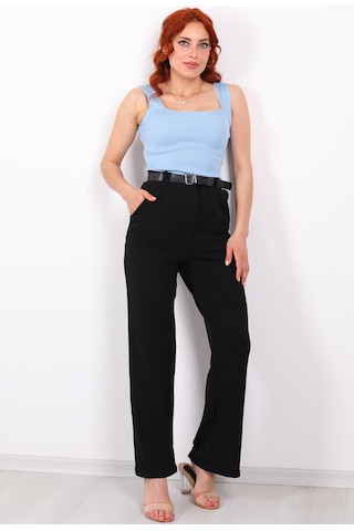 Ribana Classic Kemerli Bol Paça Kadın Krep Pantolon Siyah
