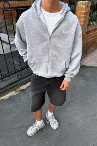 Flaw Nakışlı Zip Hoodie Gri Melanj Gri Melanj
