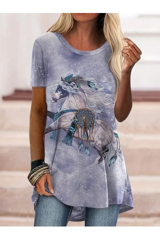 Kadın Kısa Kollu Bisiklet Yaka Salaş Süprem Bluz Desenli