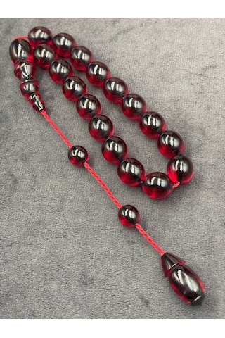 Efe Boy Sistemli İri Tane Koyu Vişne Ateş Kehribar Tesbih 13x15 Mm Bordo