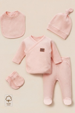 Minory Baby - %100 Pamuk 5'li Hastane Çıkışı Seti Yenidoğan 5'li Set Waffle Kumaş Battaniyesiz Pembe Pembe