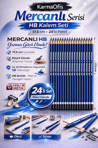 Mercanlı Hb Kurşun Kalem Mavi Tek Renk 24 Adet, Köşeli Gövde, 17.5 Cm Mavi 24lü
