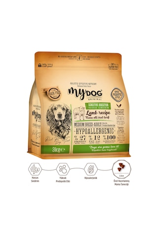 MyDog Original Az Tahıllı Kuzu Etli Orta Irklar İçin Köpek Maması 3kg