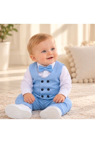 Maxx Kleın Erkek Bebek Bebe Mavisi Yelekli Takım Elbise Gömlek Papyon Pantolon 6-9-12-18-24 Ay Mavi