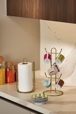 Edora Home 2'li Rose Mutfak Organizer Seti, Ayraçlı Kağıt Havluluk Ve 6 Kancalı Bardaklık - Metal Paslanmaz