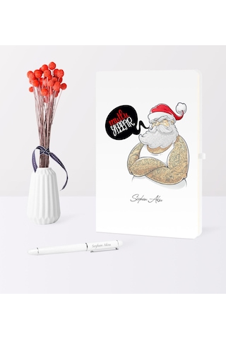 Kişiye Özel Yılbaşı Noel Baba Temalı Beyaz Defter Kalem Seti - 4