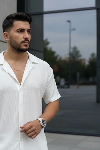 Fifty Color Unisex Trend Bürümcük Krinkıl Kumaş Yazlık Likralı Kısa Kol Gömlek Ve Eşofman Takım Beyaz