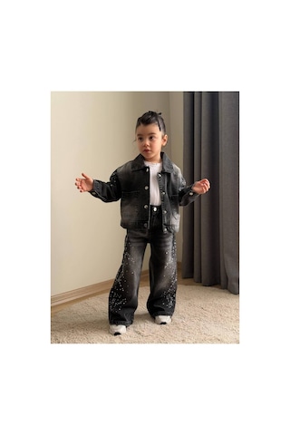 Toikids Kız Çocuk Taşlı Kot Ceketli 3 Lü Takım Siyah