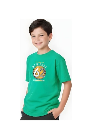Fyk Kids Erkek Çocuk Yuvarlak Yaka 62 Yazı Baskılı Erkek T-shirt Yeşil