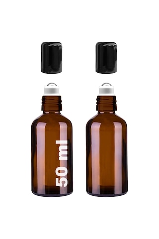 Çelik Roll On Şişesi 50 ML Sızdırmaz Siyah Kapaklı Amber Cam Şişe 2 Adet