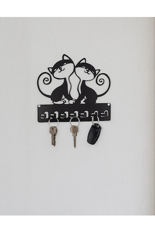 Baykush - Metal Dekoratif Kedi Desenli Anahtarlık Askısı Antrasit