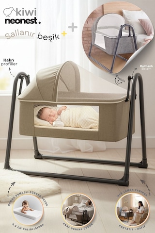 Kiwi Neonest Anne Yanı Kalın Yataklı Cibinlikli Ve Tenteli, Sallanır. Portatif Sepet Beşik Yeni Latte Yeni Latte